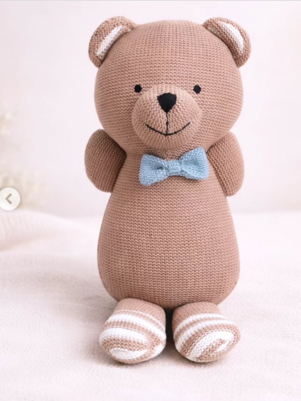New Living Textile Brooklyn Bear Knitted Toy Rattle Blue Bow